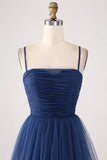 Navy A Line Spaghetti Straps Tulle Pleated Floor Length Bridesmaid Dress With Slit