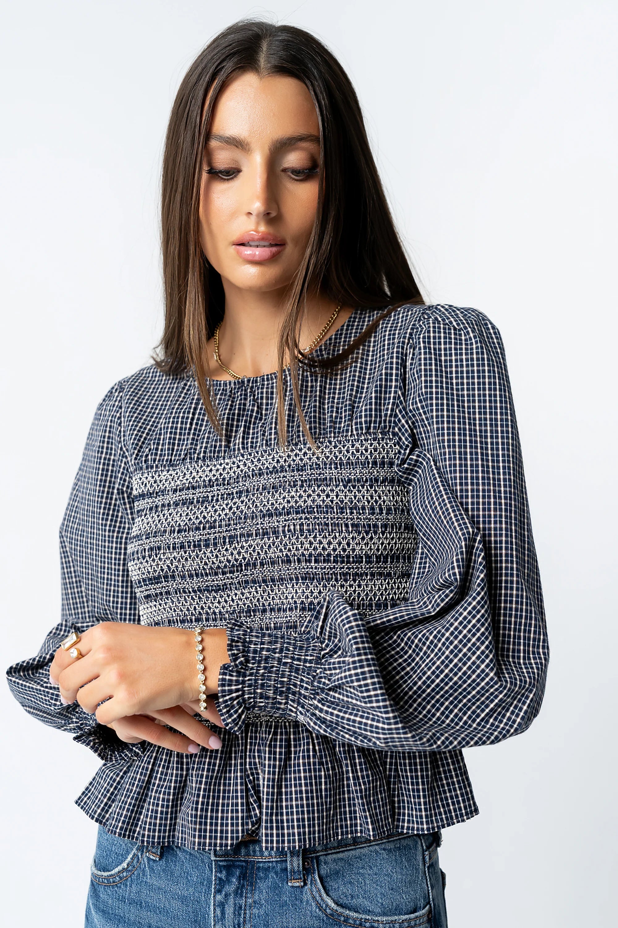 Kesley Smocked Blouse in Navy