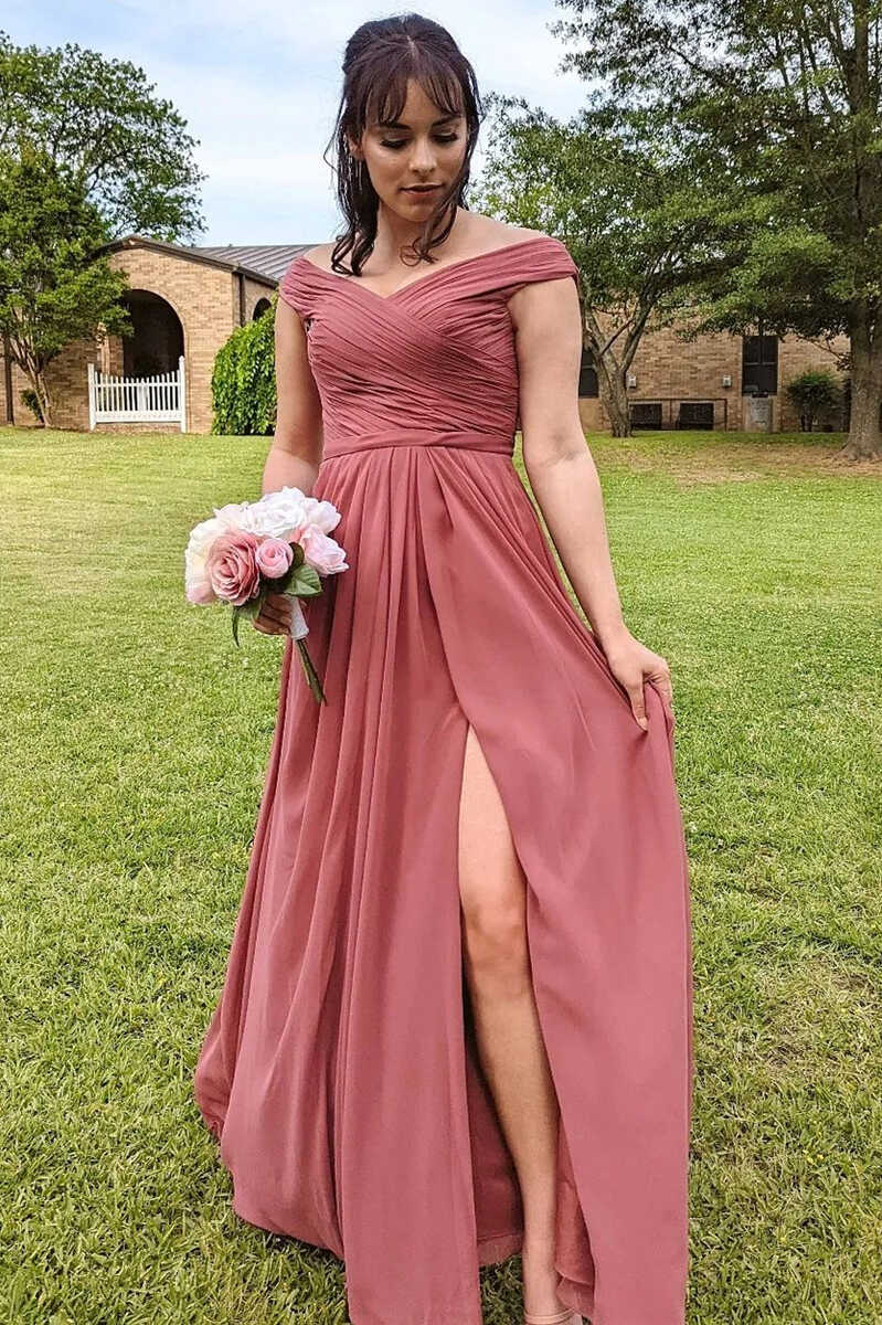 Chiffon Off the Shoulder Long Bridesmaid Dress with Slit