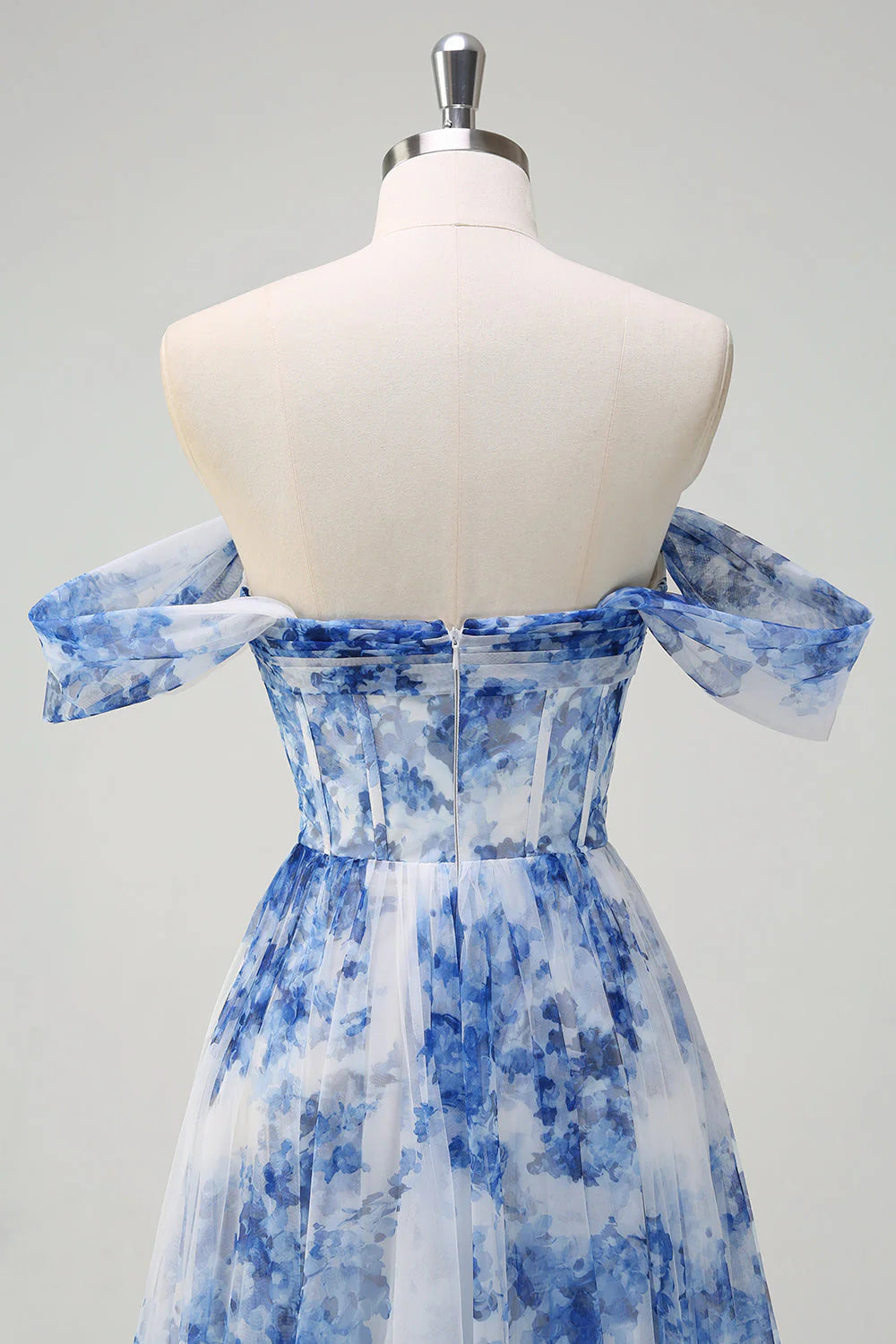 White Blue Flower A Line Off the Shoulder Ruched Corset Maxi Dress with Slit