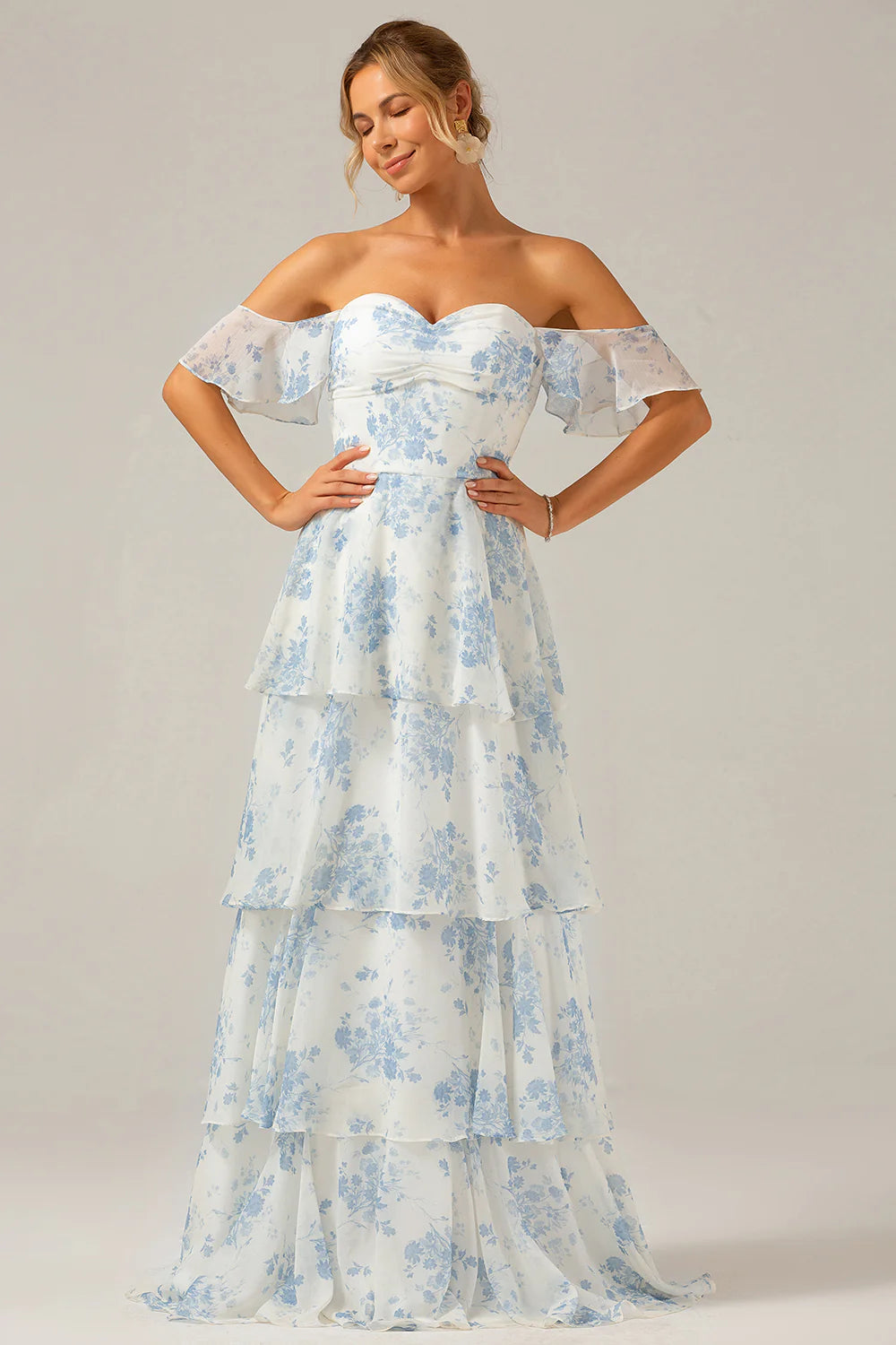 White Blue Floral A Line Off The Shoulder Tiered Print Bridesmaid Dress