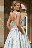 White Blue Flower A Line Printed Long Wedding Guest Dress
