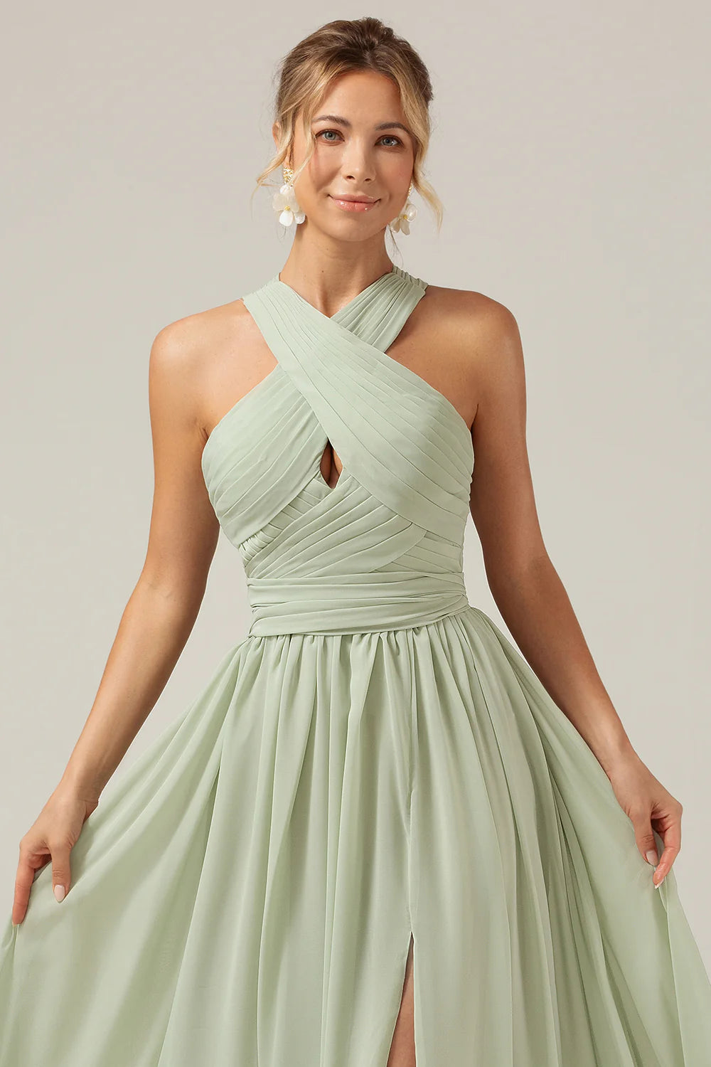 Dusty Sage A Line Halter Pleated Long Maternity Bridesmaid Dress
