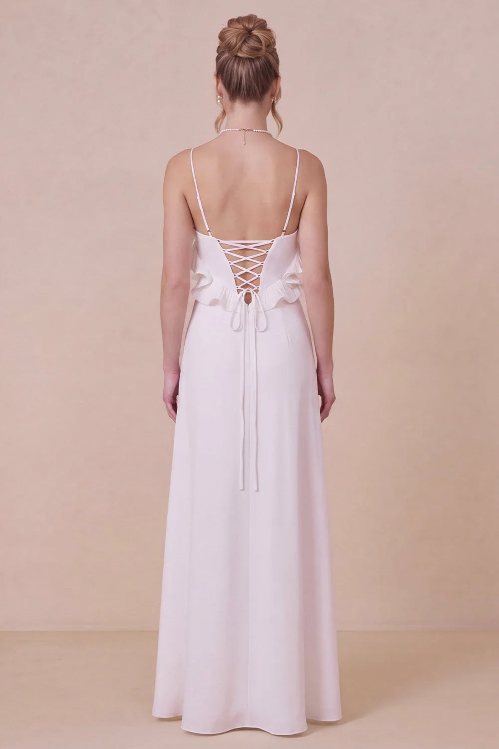 White Spaghetti Straps Ruffle Engagement Dress with Slit