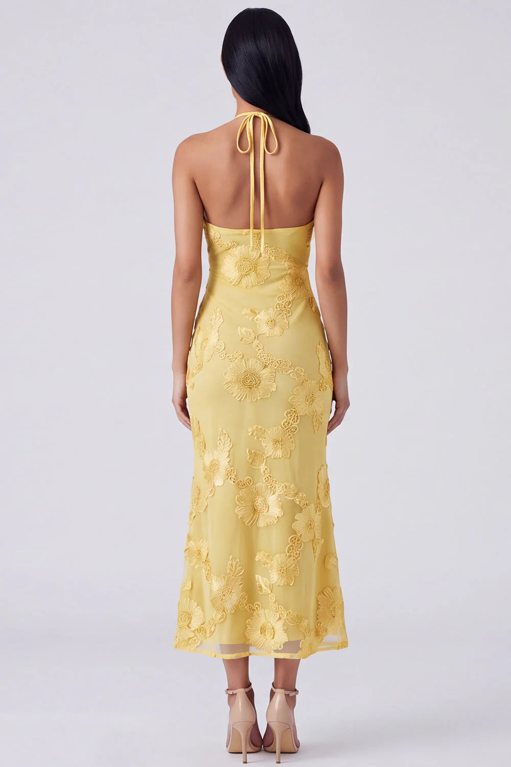 Halter Yellow Keyhole Mermaid Wedding Guest Dress with Appliques
