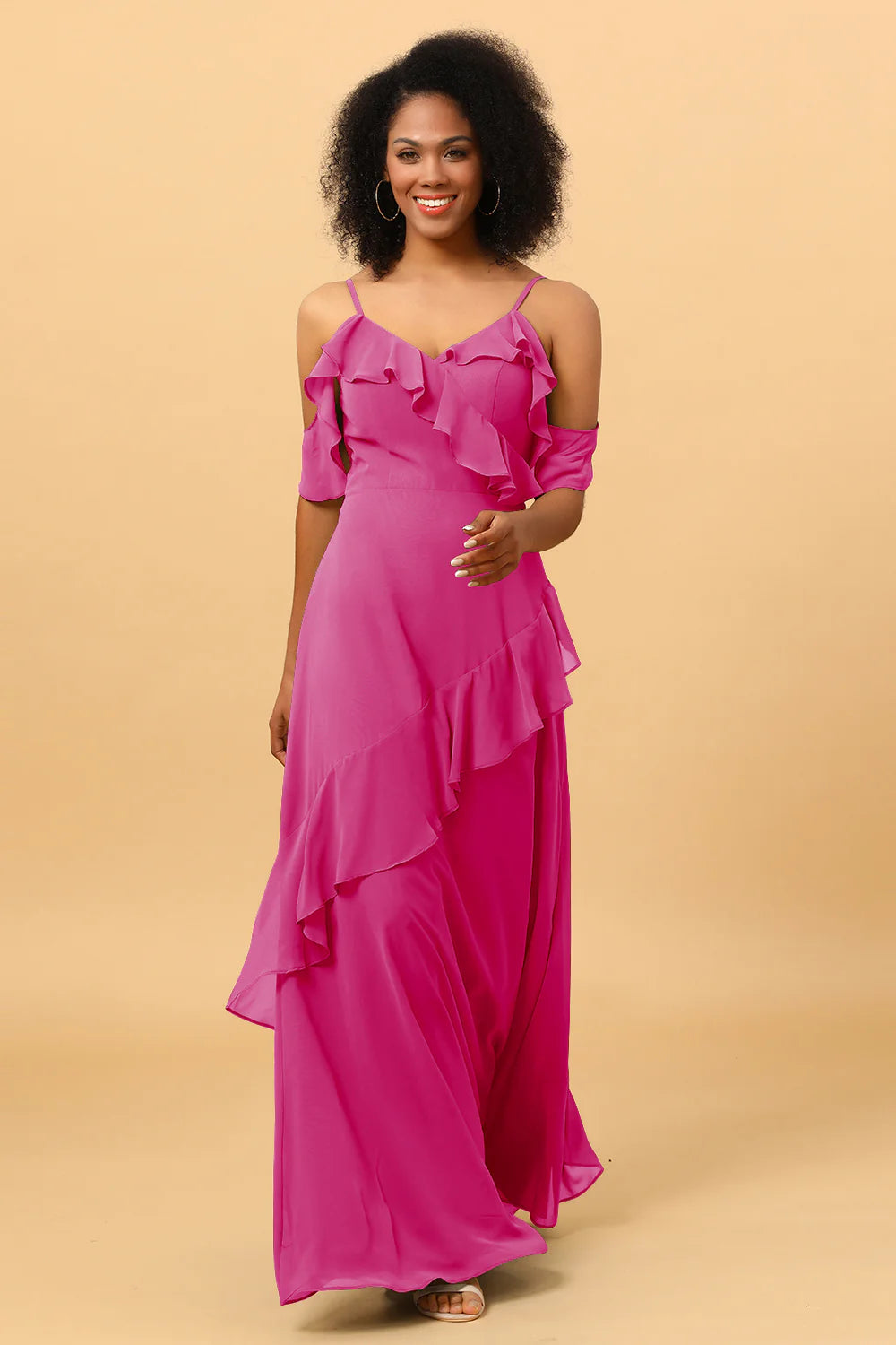 A Line Spaghetti Straps Long Chiffon Bridesmaid Dress with Ruffles