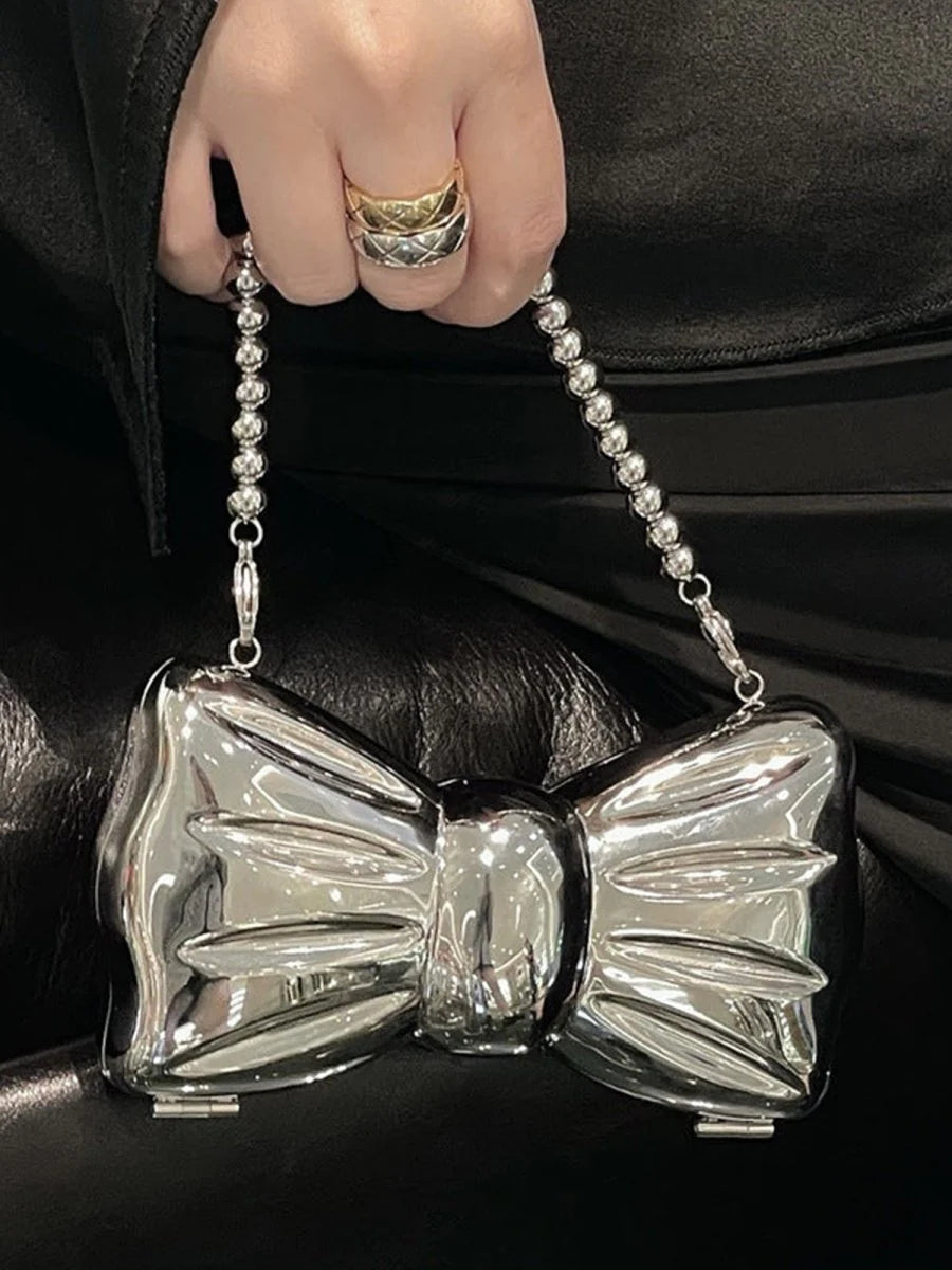 Womens Silver Bow Clutch Mini Evening Bags