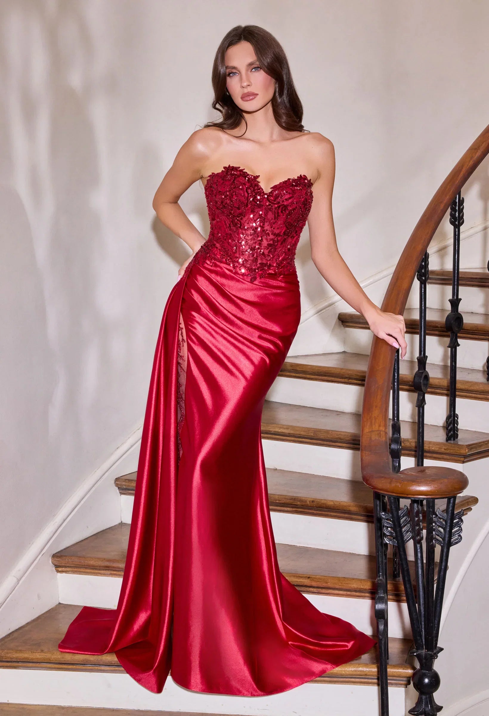 Evans Gown Satin Dress With Illusion Leg Slit
