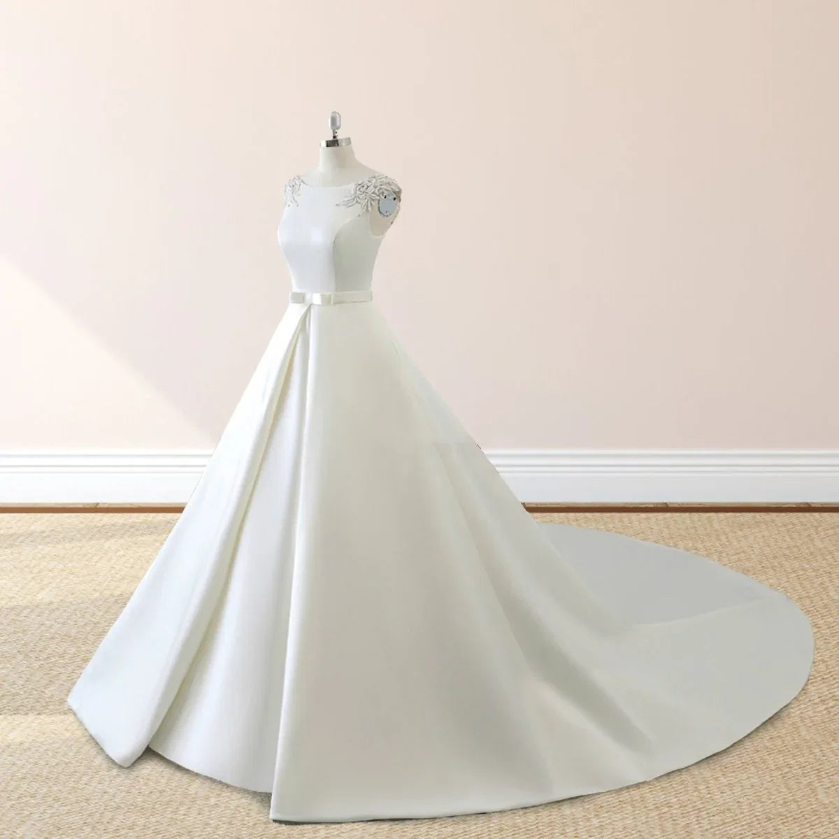 White Satin Cap Sleeve Lace Up Wedding Dress With Pearls