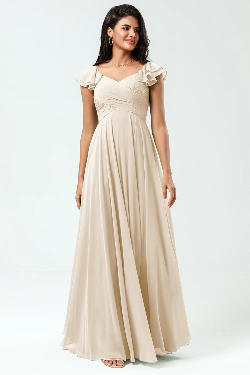 Lace Up Back Cross A Line Chiffon Bridesmaid Dress with Ruffles