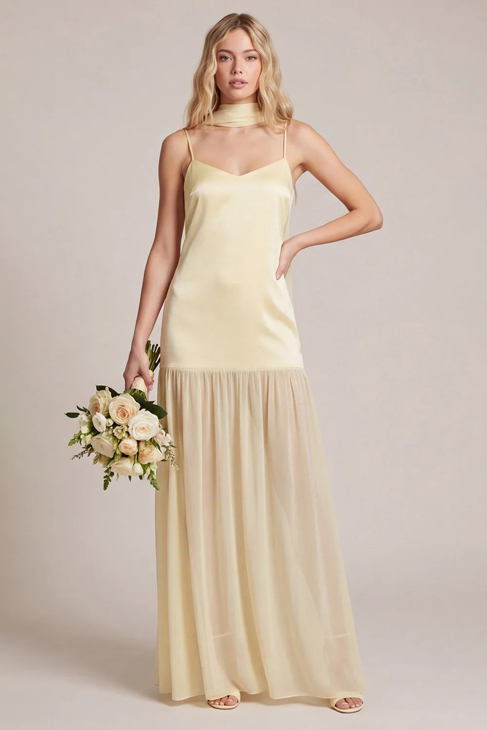Daffodil Satin Spaghetti Straps Bridesmaid Dress with Scraf