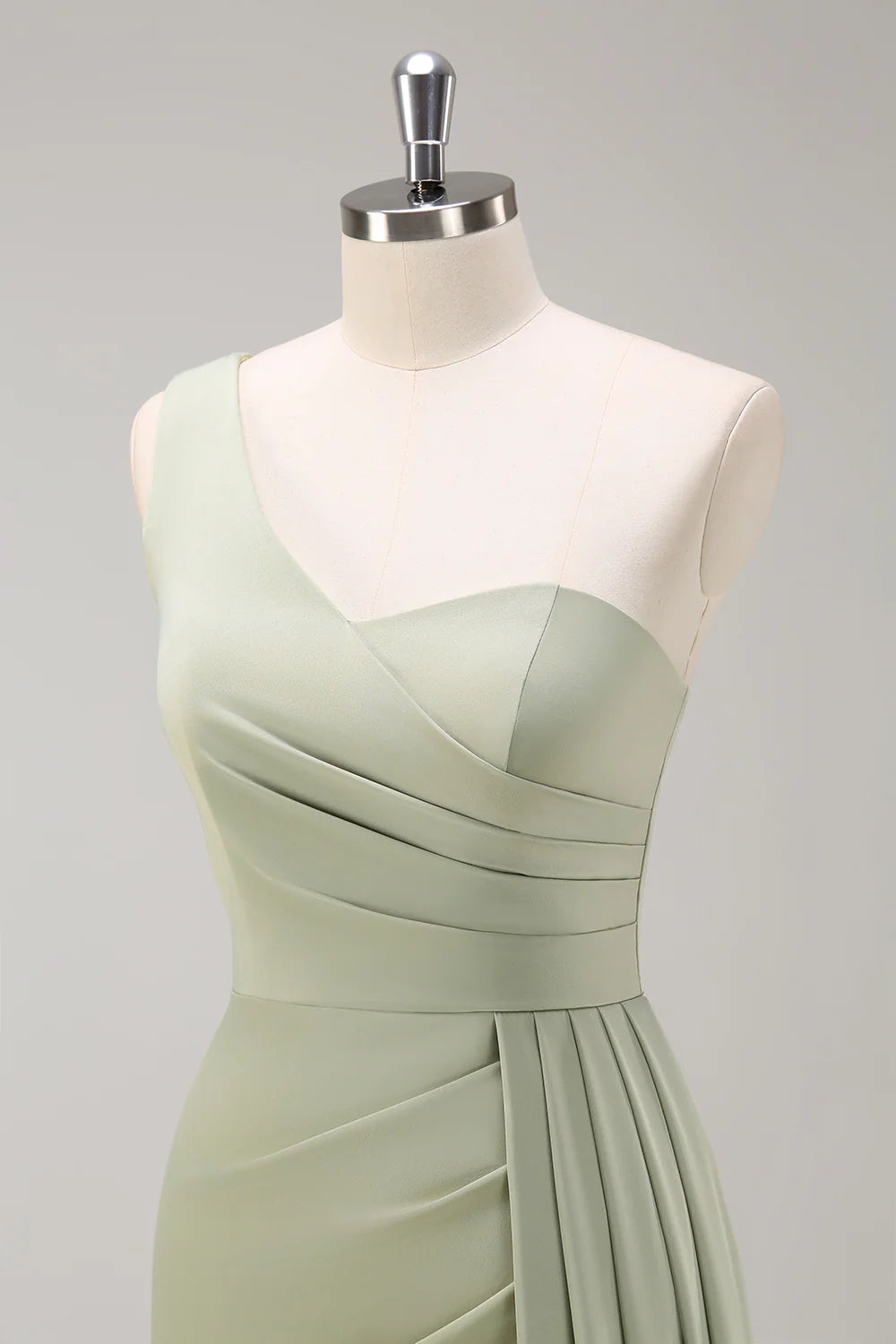Sage Mermaid One Shoulder Ruched Side Overskirt Long Bridesmaid Dress With Slit