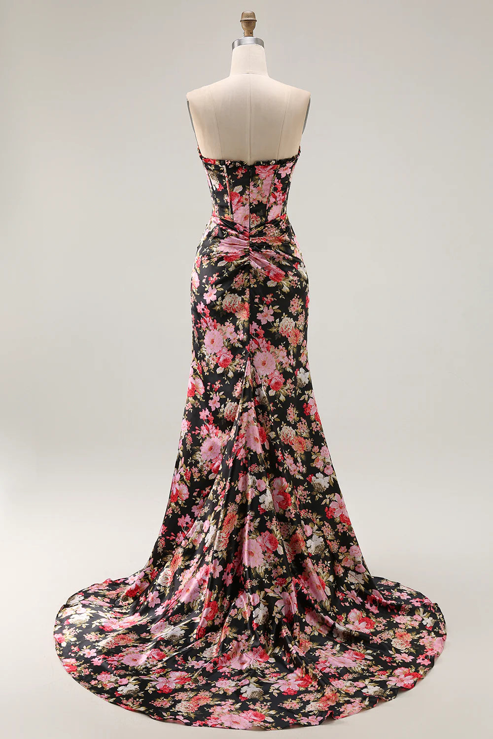 Strapless Black Pink Floral Mermaid Corset Long Prom Dress with Slit