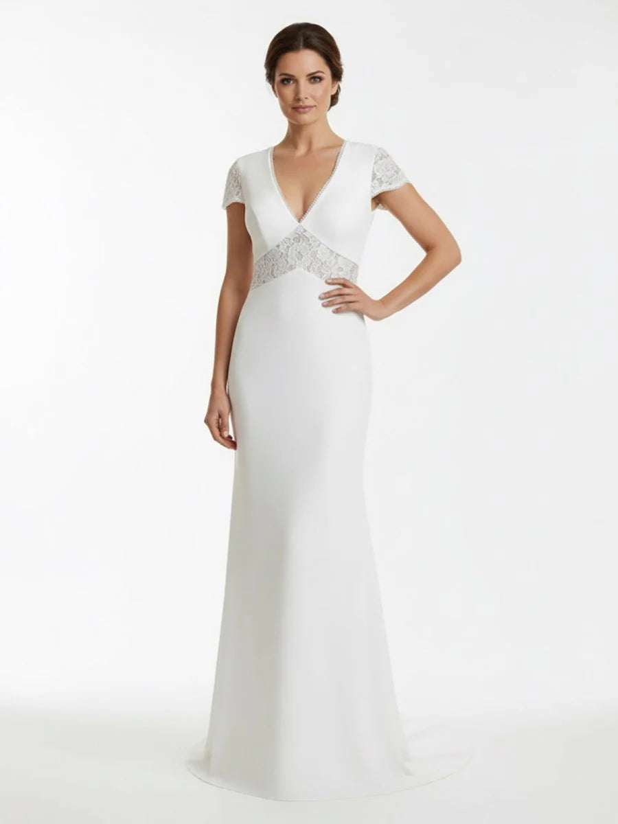 Modest Simple Sheath Short Sleeve Empire Floor Length Sweep Train Chiffon V neck Wedding Dress
