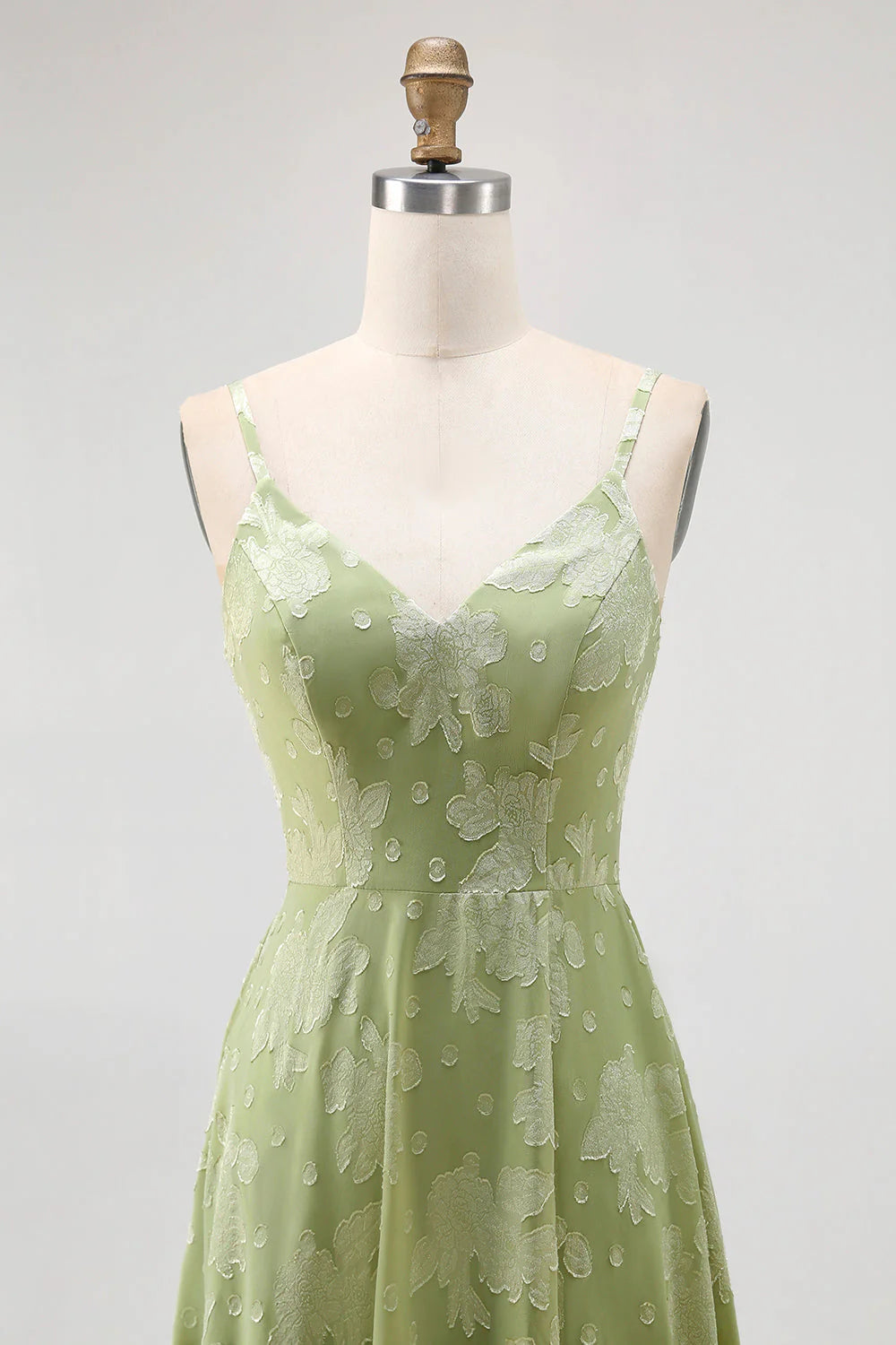 Sage Green Floral A Line Jacquard Spaghetti Strap Maxi Dress with Slit