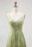Sage Green Floral A Line Jacquard Spaghetti Strap Maxi Dress with Slit