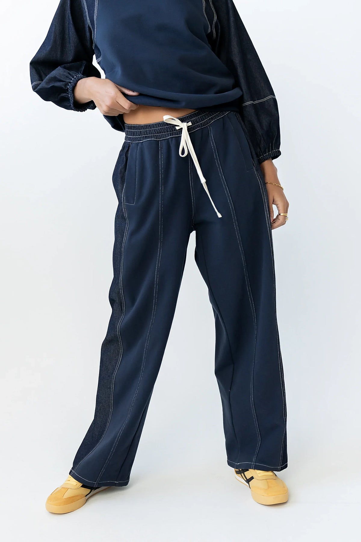 Malinda Mixed Media Baggy Pants in Dark Wash FINAL SALE
