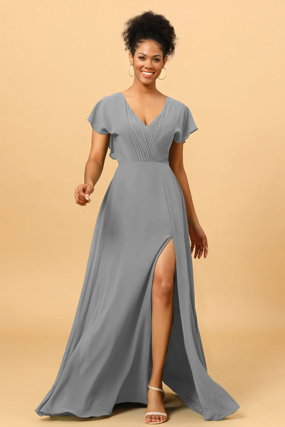 A Line V Neck Ruched Chiffon Bridesmaid Dress with Slit