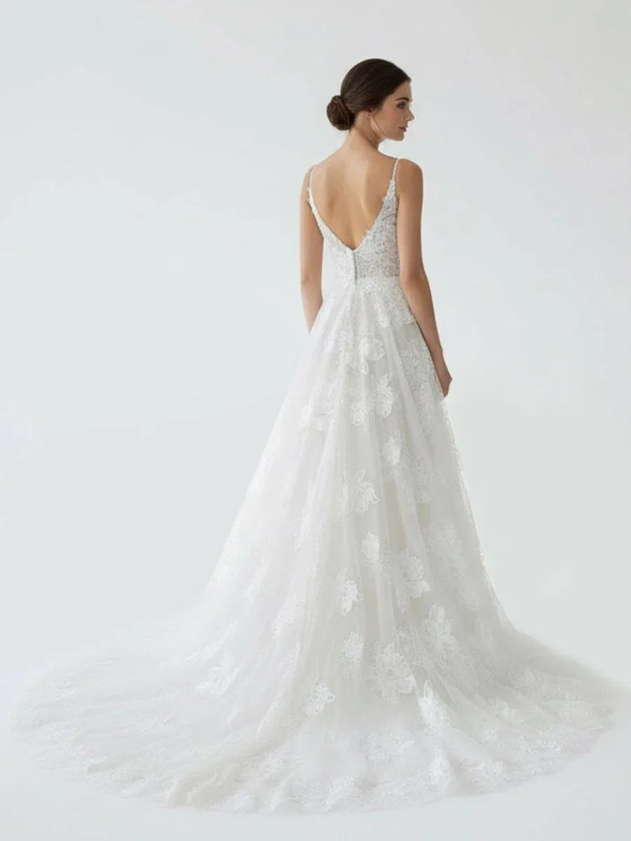 Boho White A Line Lace Appliques Wedding Dress