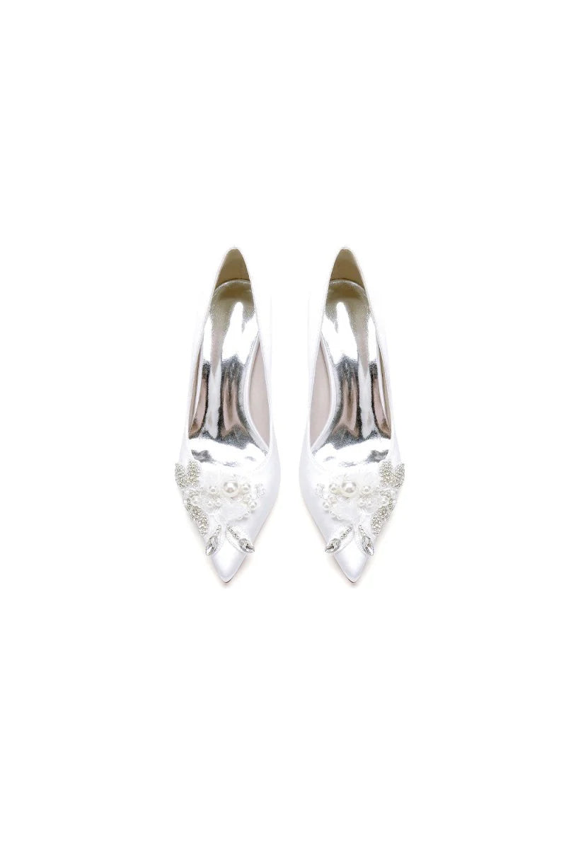 Floral Beading Pointed Toe Satin Kitten Heels