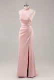 Blush Sheath Halter Satin Pleated Open Back Long Bridesmaid Dress with Slit