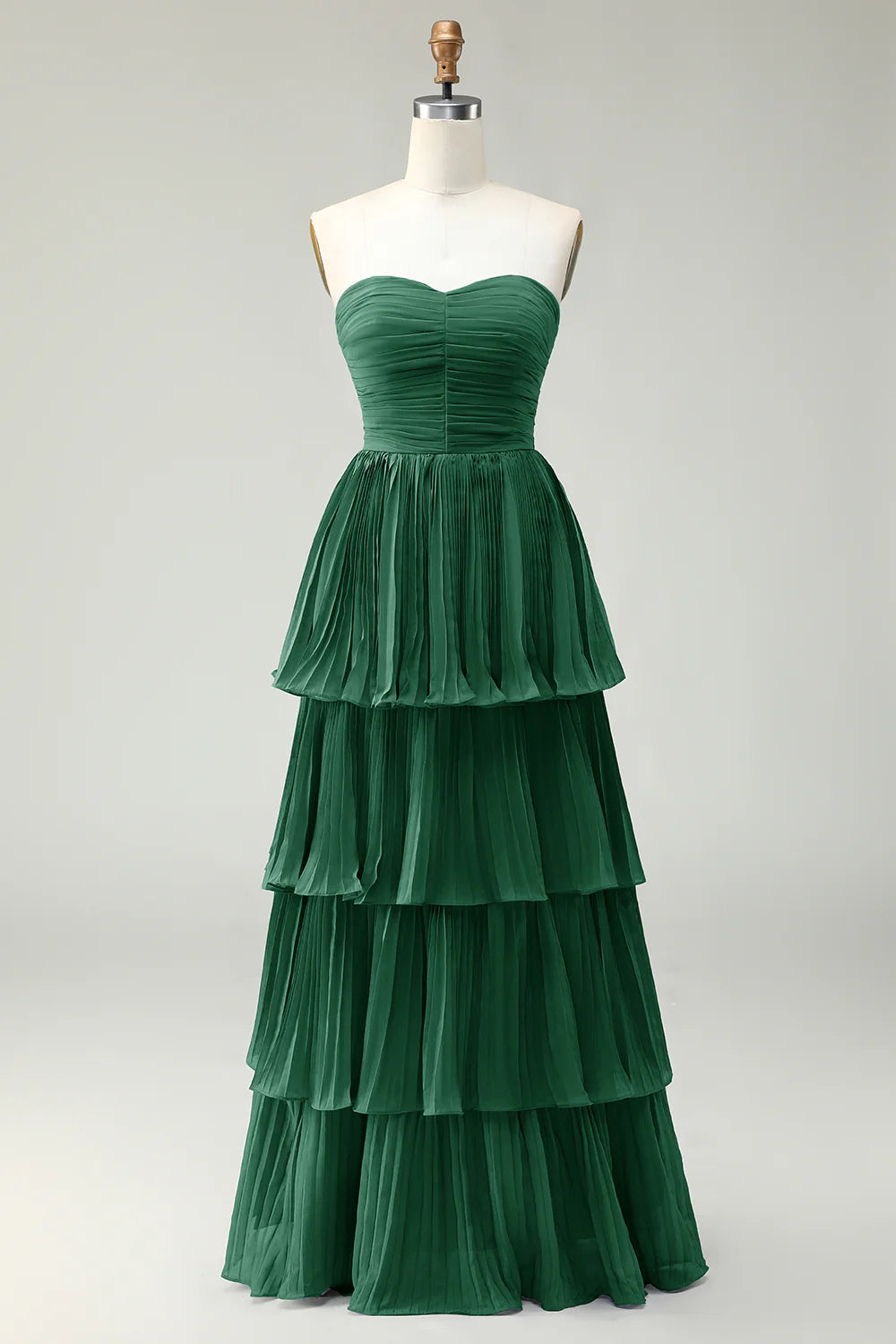 Dusty Blue A Line Strapless Pleated Tiered Long Bridesmaid Dress with Ruffles