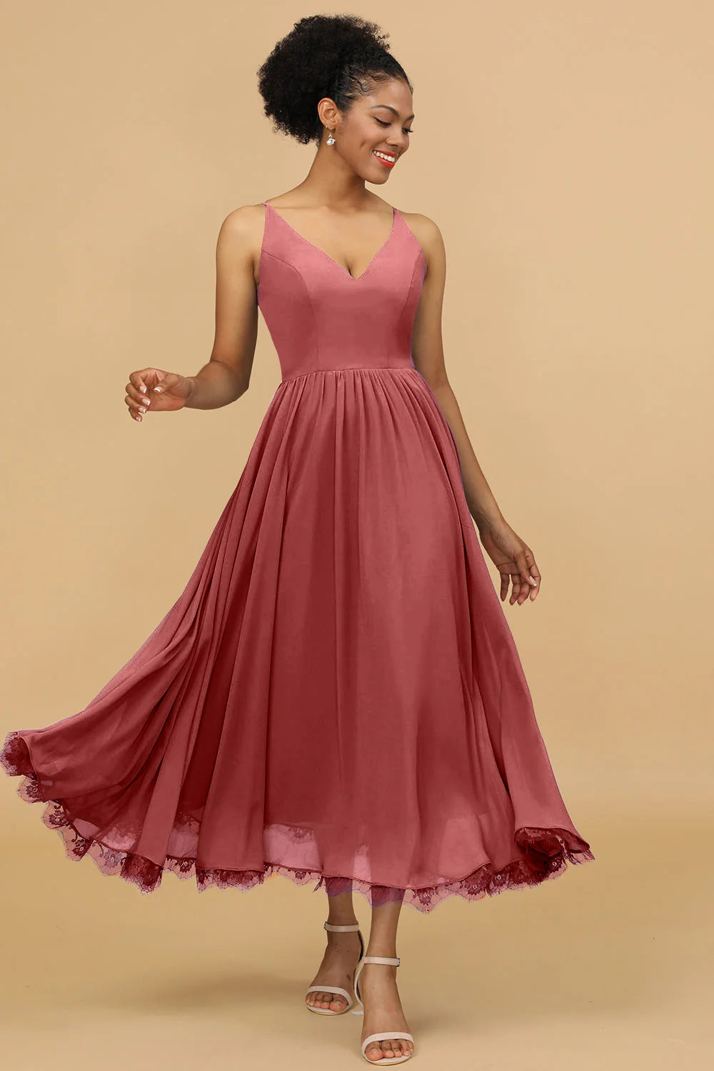 A Line Spaghetti Straps Long Chiffon Bridesmaid Dress with Ruffles