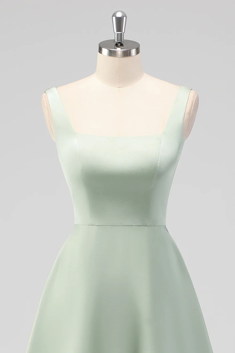 Sage Green A Line Square Neck Tea Length Satin Bridesmaid Dress
