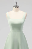 Sage Green A Line Square Neck Tea Length Satin Bridesmaid Dress