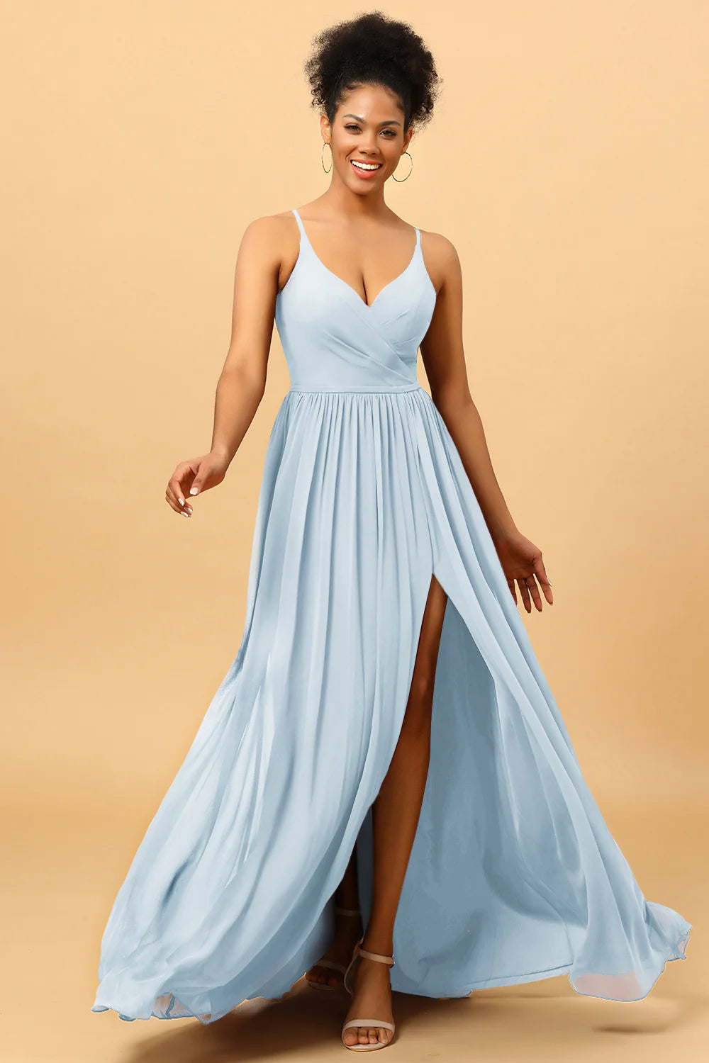 A Line Spaghetti Straps Ruched Long Chiffon Bridesmaid Dress with Slit