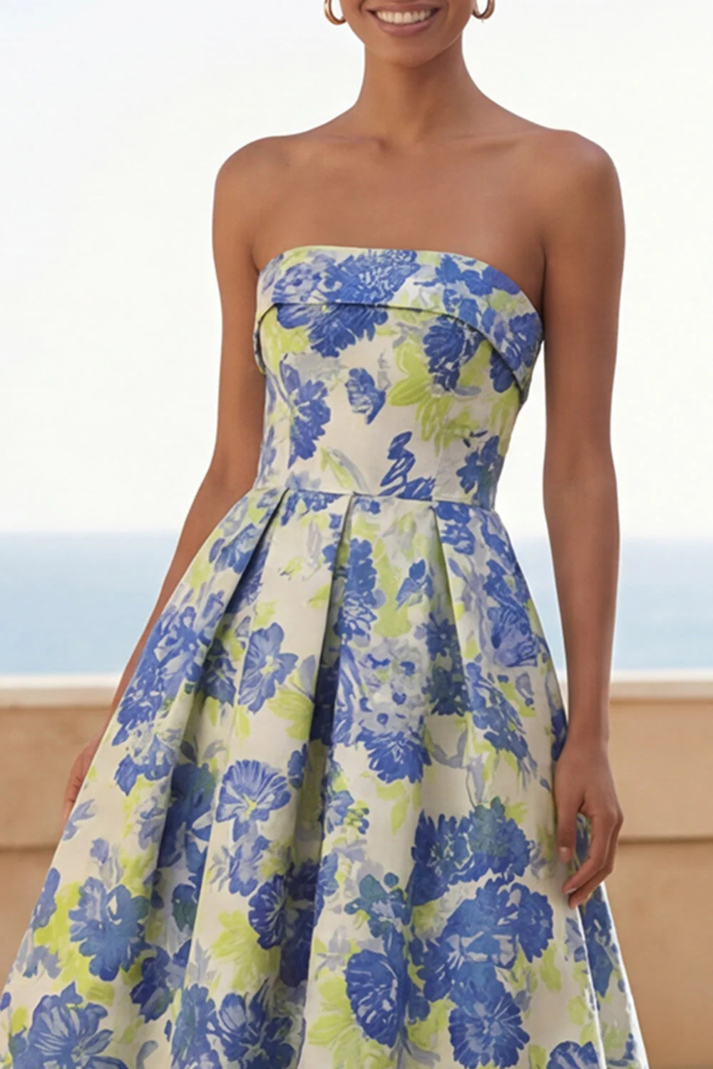 Floral Blue Strapless A Line Wedding Guest Dress