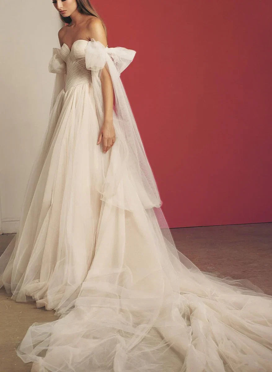 Beach Pleated Tulle Off The Shoulder A Line Wedding Dresses With Slit