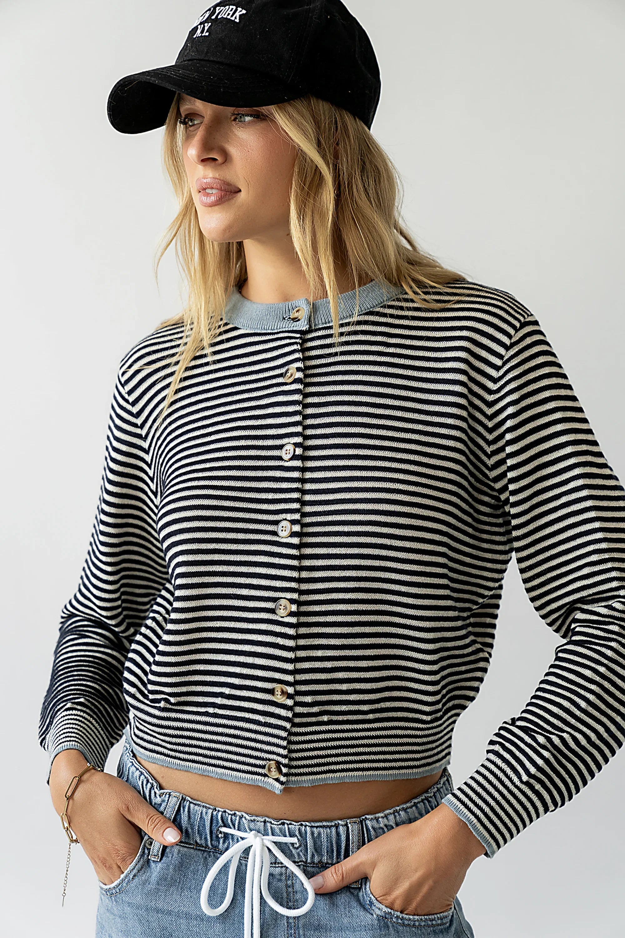 Josy Button Front Cardigan in Dusty Blue