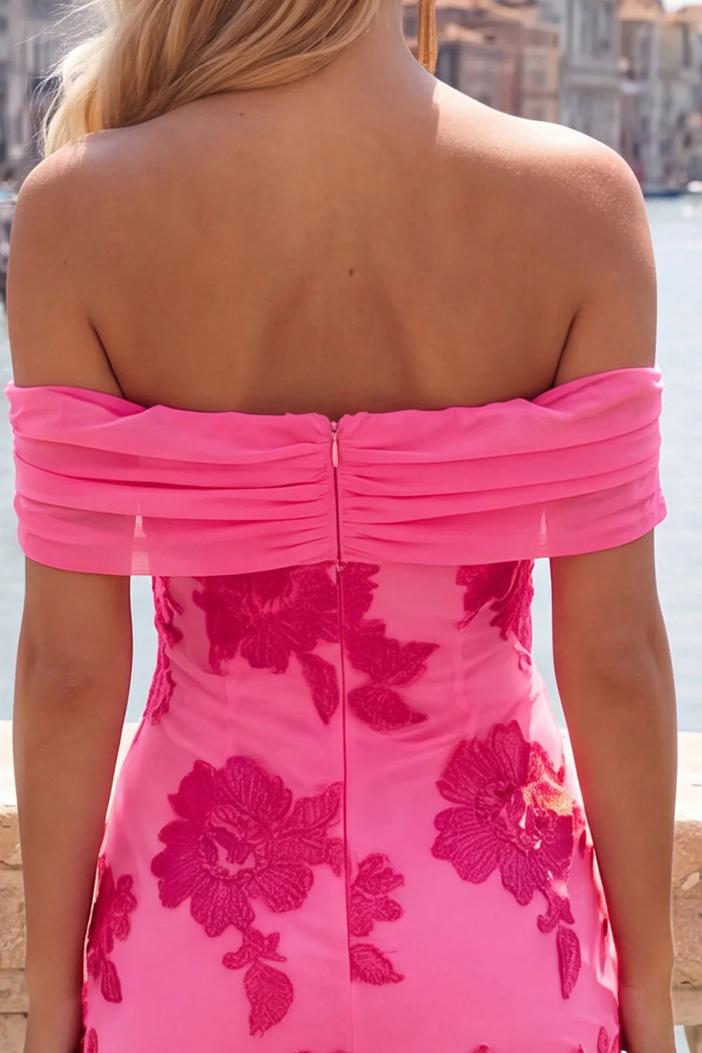 Off the Shoulder Bodycon Applique Hot Pink Homecoming Dress with Sash