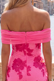 Off the Shoulder Bodycon Applique Hot Pink Homecoming Dress with Sash