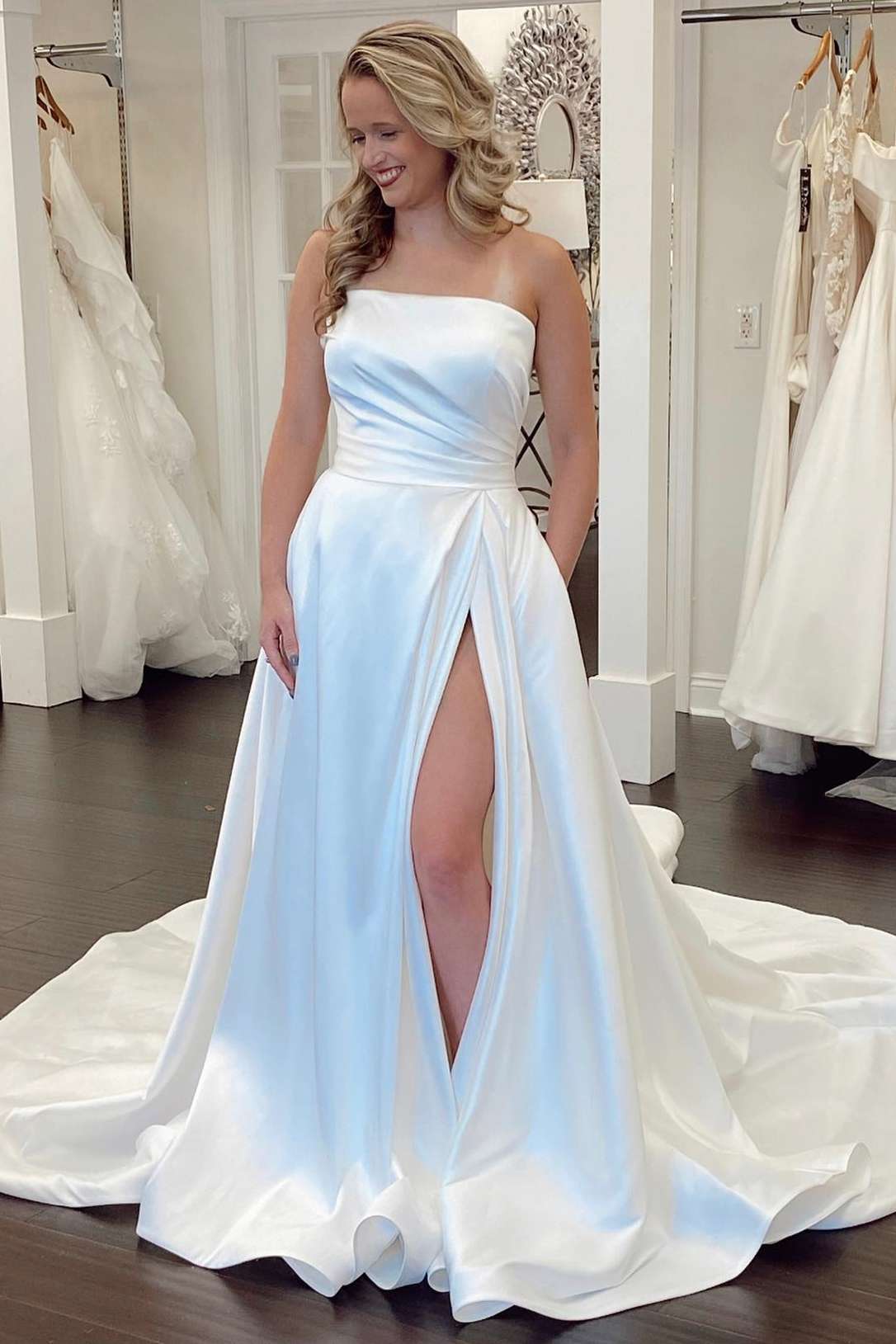 Mermaid White Satin Strapless A Line Wedding Dress with Slit