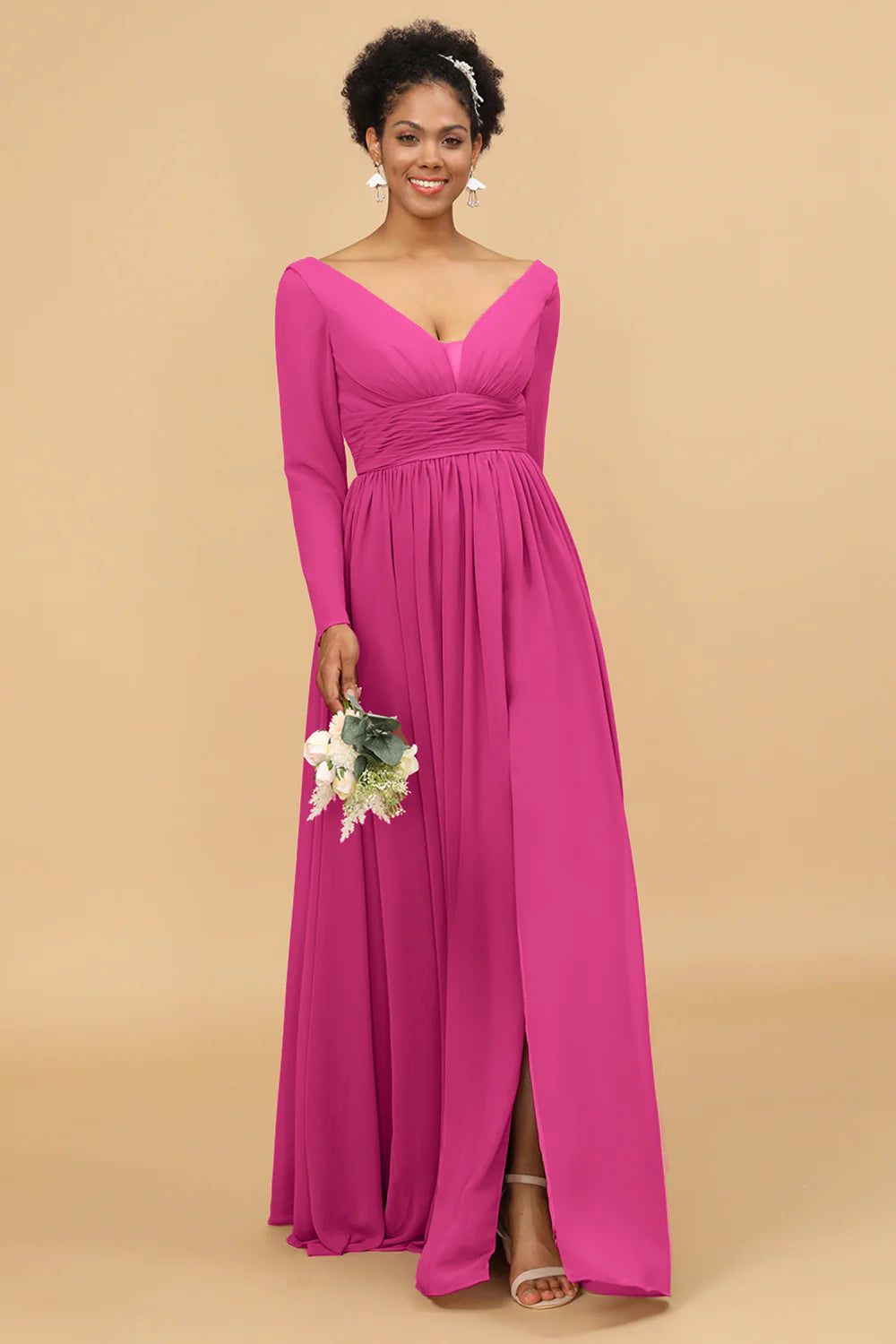 A Line V Neck Long Sleeves Chiffon Bridesmaid Dress with Slit