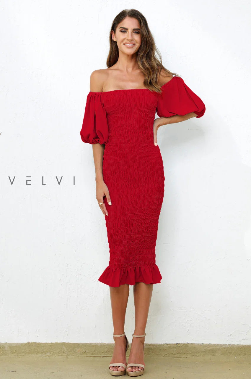 Skyla Shirred Midi Dress RED