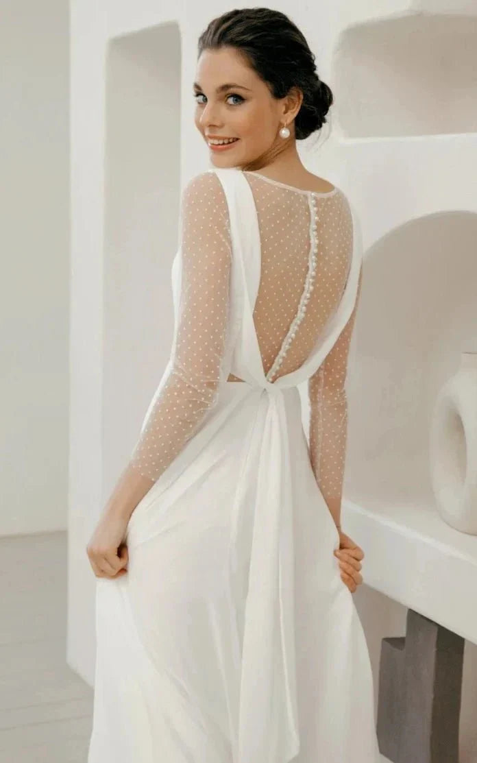 A Line Chiffon Maxi Wedding Dress Minimalist Sleeved Pearl Button Low Back Bridal Gown