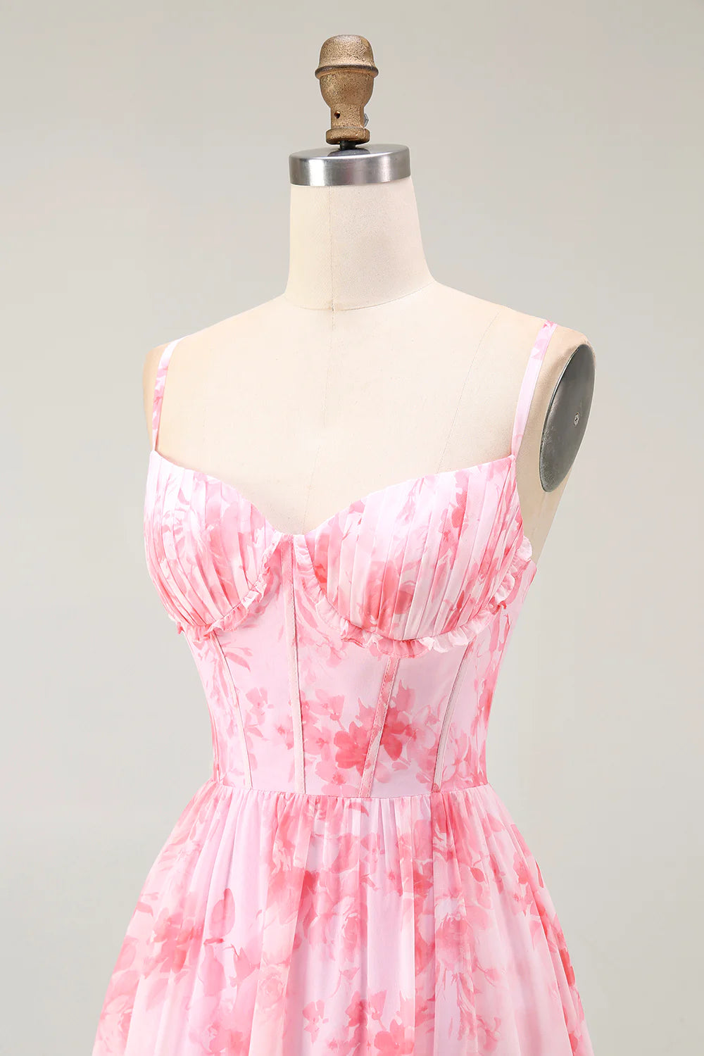 Pink Flower A Line Spaghetti Straps Corset Long Bridesmaid Dress with Ruffles