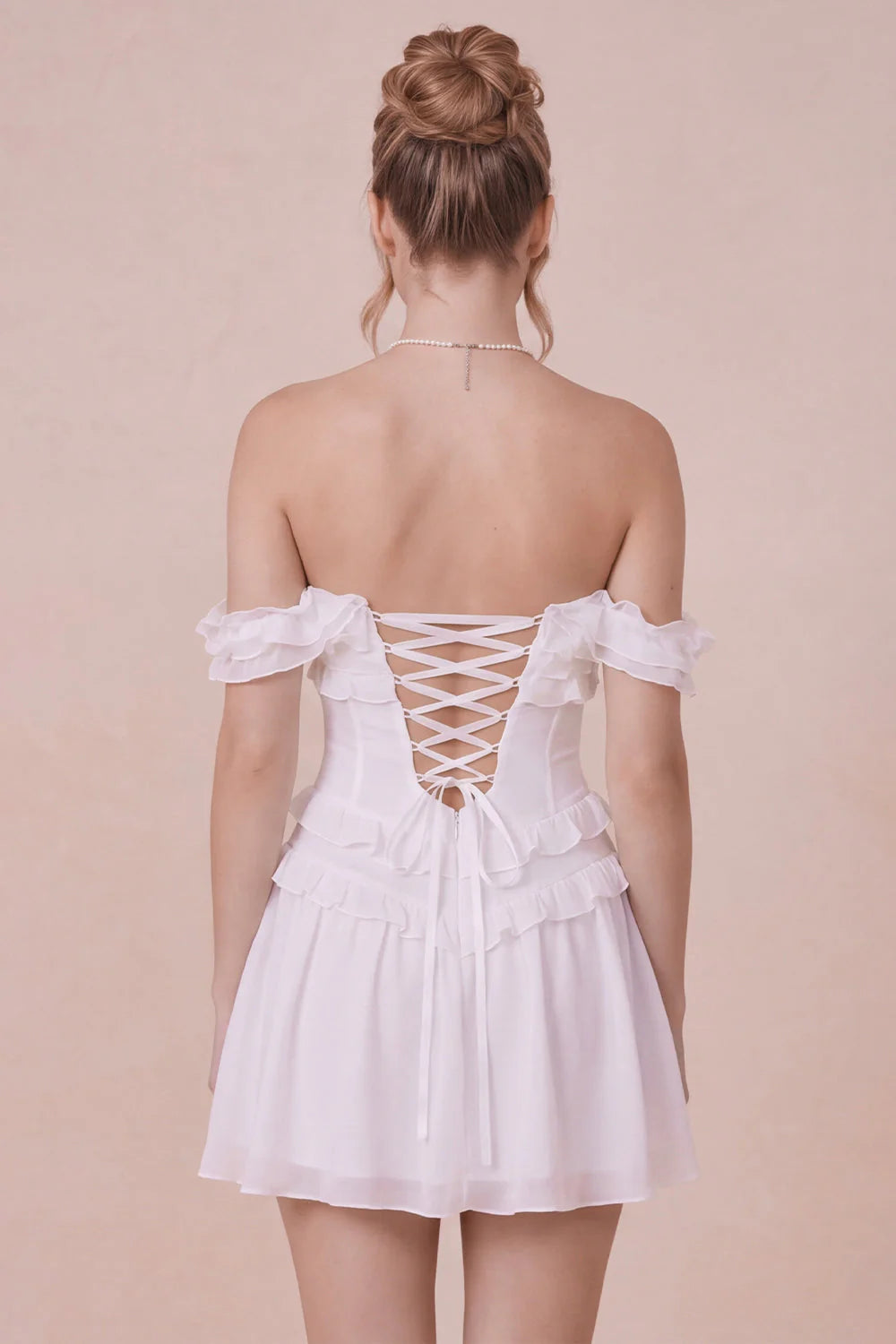 Off the Shoulder White Ruffled Corset Graduation Dress
