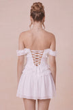 Off the Shoulder White Ruffled Corset Graduation Dress