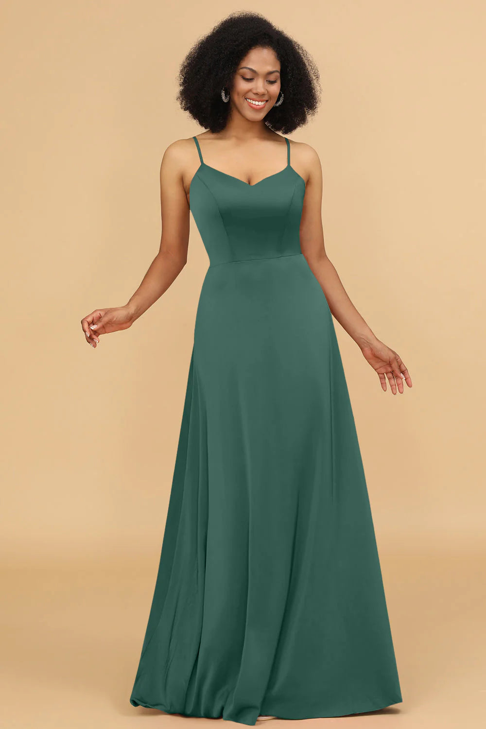 A Line Spaghetti Straps Floor Length Satin Bridesmaid Dress