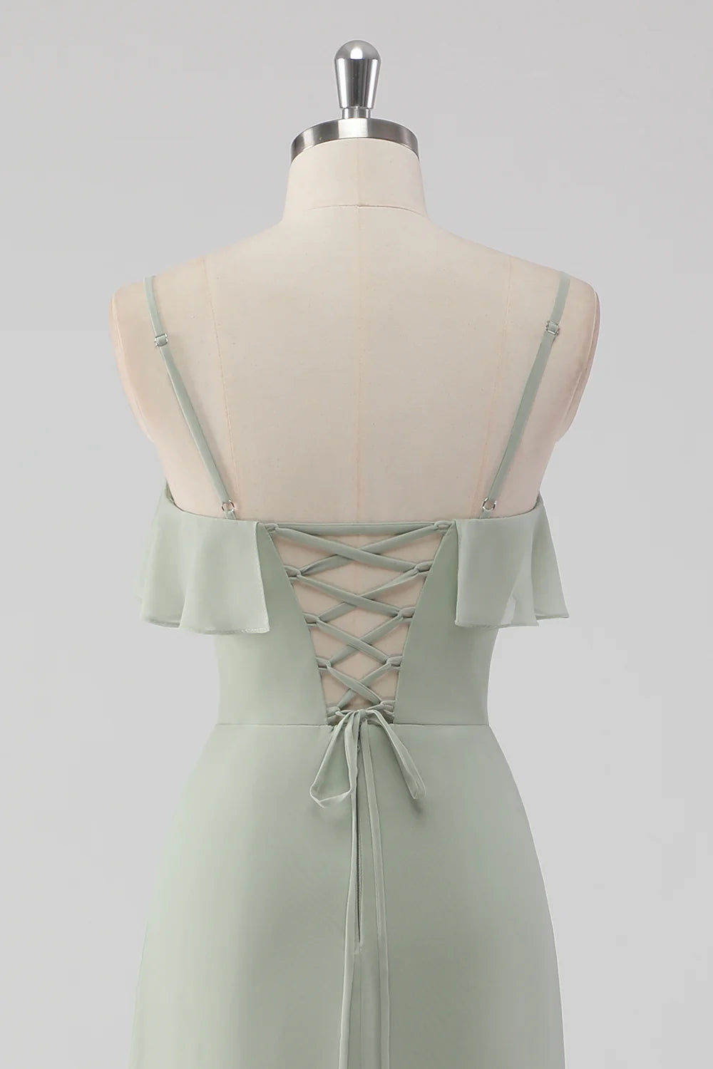Dusty Sage Sheath Spaghetti Straps Pleated Long Bridesmaid Dress with Lace Up Back
