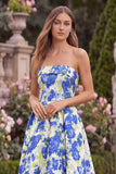 Blue Floral Strapless A Line Midi Wedding Guest Dress