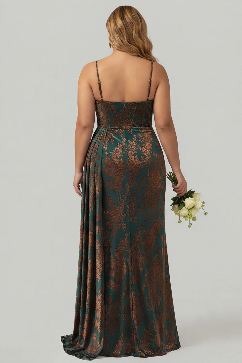 Dark Green Floral Burnout Velvet Mermaid Corset Streamer Plus Size Bridesmaid Dress with Slit