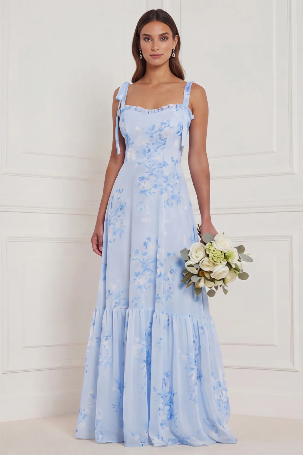 Blue Floral A Line Square Neck Long Bridesmaid Dress