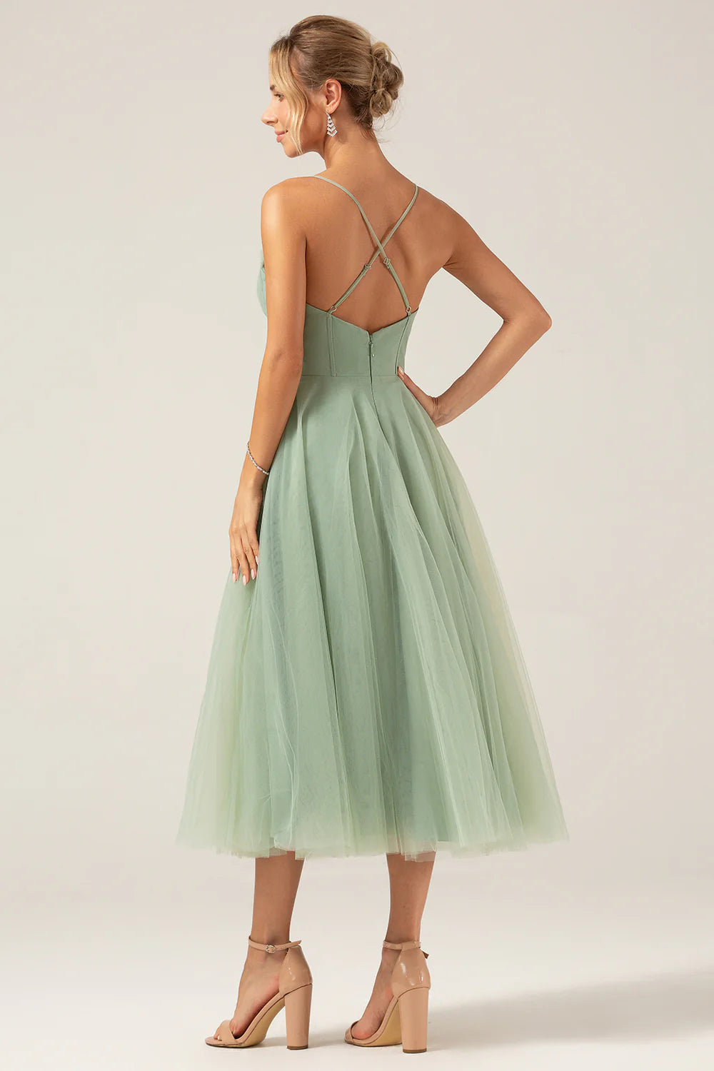 A Line Spaghetti Straps Tea Length Corset Tulle Matcha Bridesmaid Dress