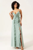 Matcha A Line Spaghetti Straps Chiffon Bridesmaid Dress With Ruffles