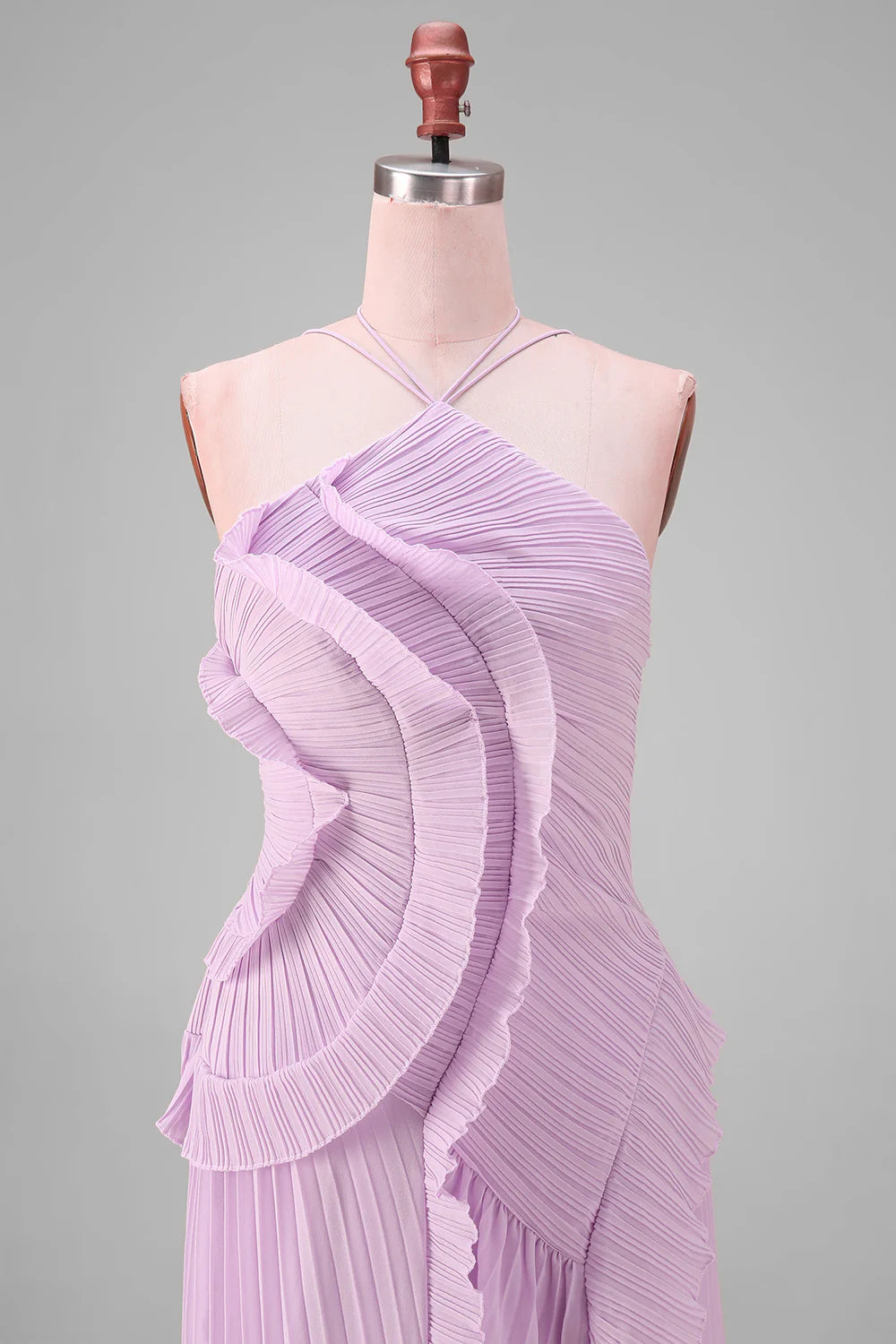 Lilac Halter A Line Pleated Ruffled Bridesmaid Dress with Slit